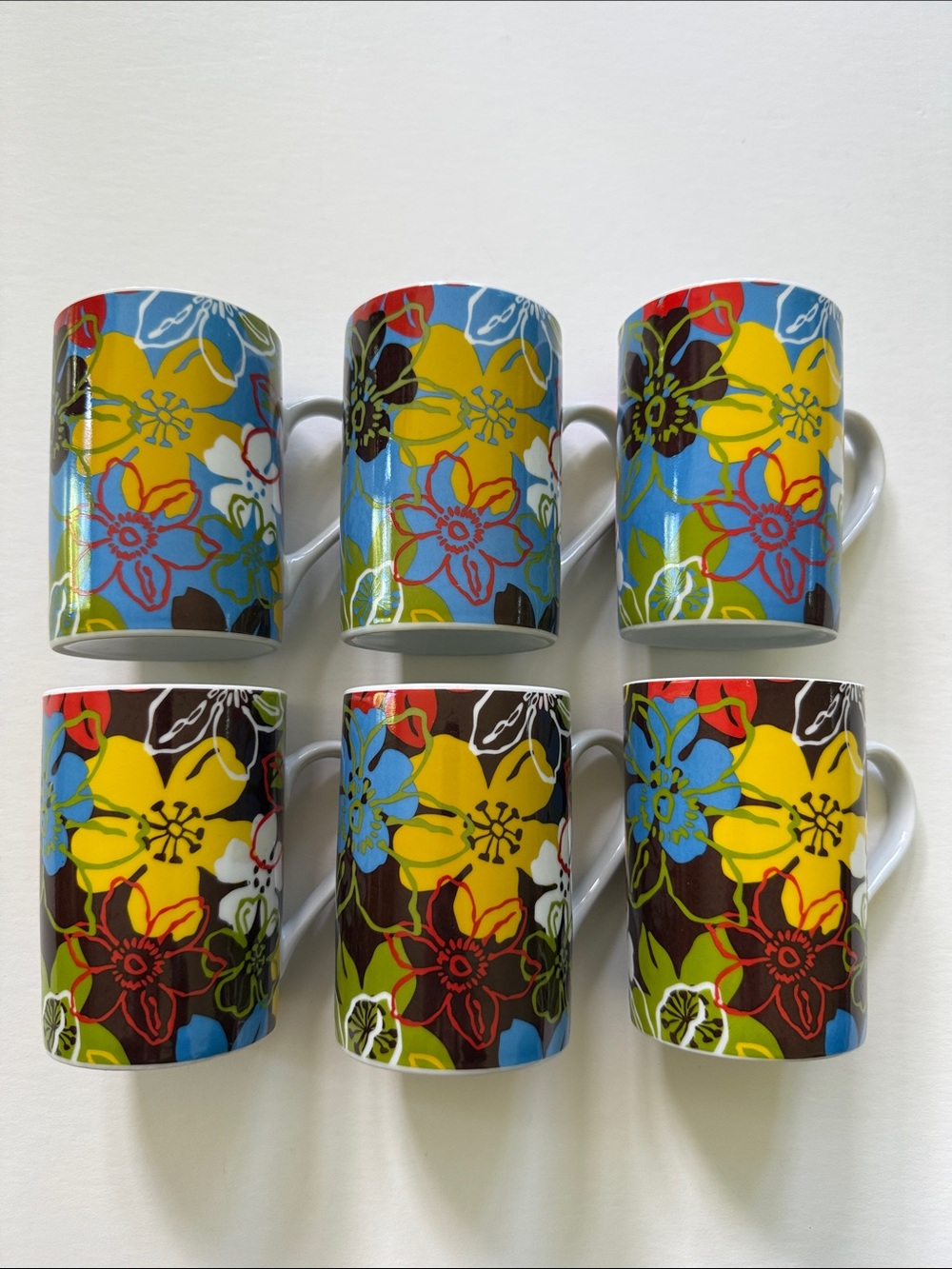 Six Vintage Colorful Porcelain Floral Ceramic Mug Set by Konitz
